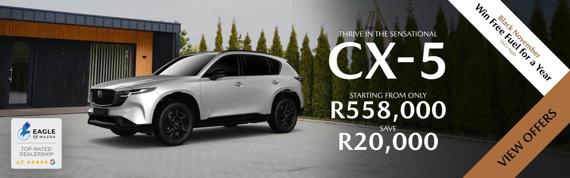 Mazda CX-5 Black November special: starting from only R558,000, save R20,000, and win free fuel for a year. Ts & Cs apply.